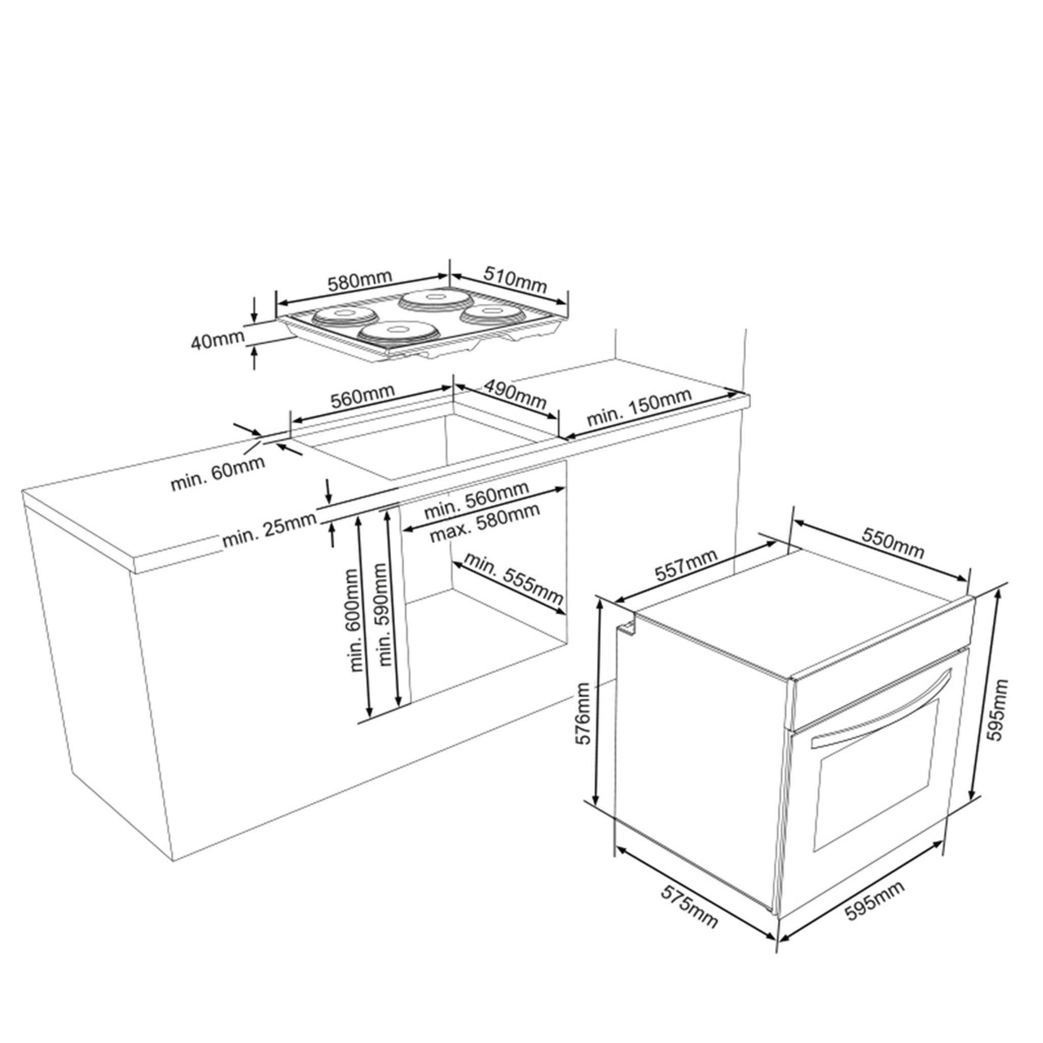Küchenlayout mit Abmessungen. Enthält Kochfeld, Backofen und Arbeitsfläche mit Messungen.