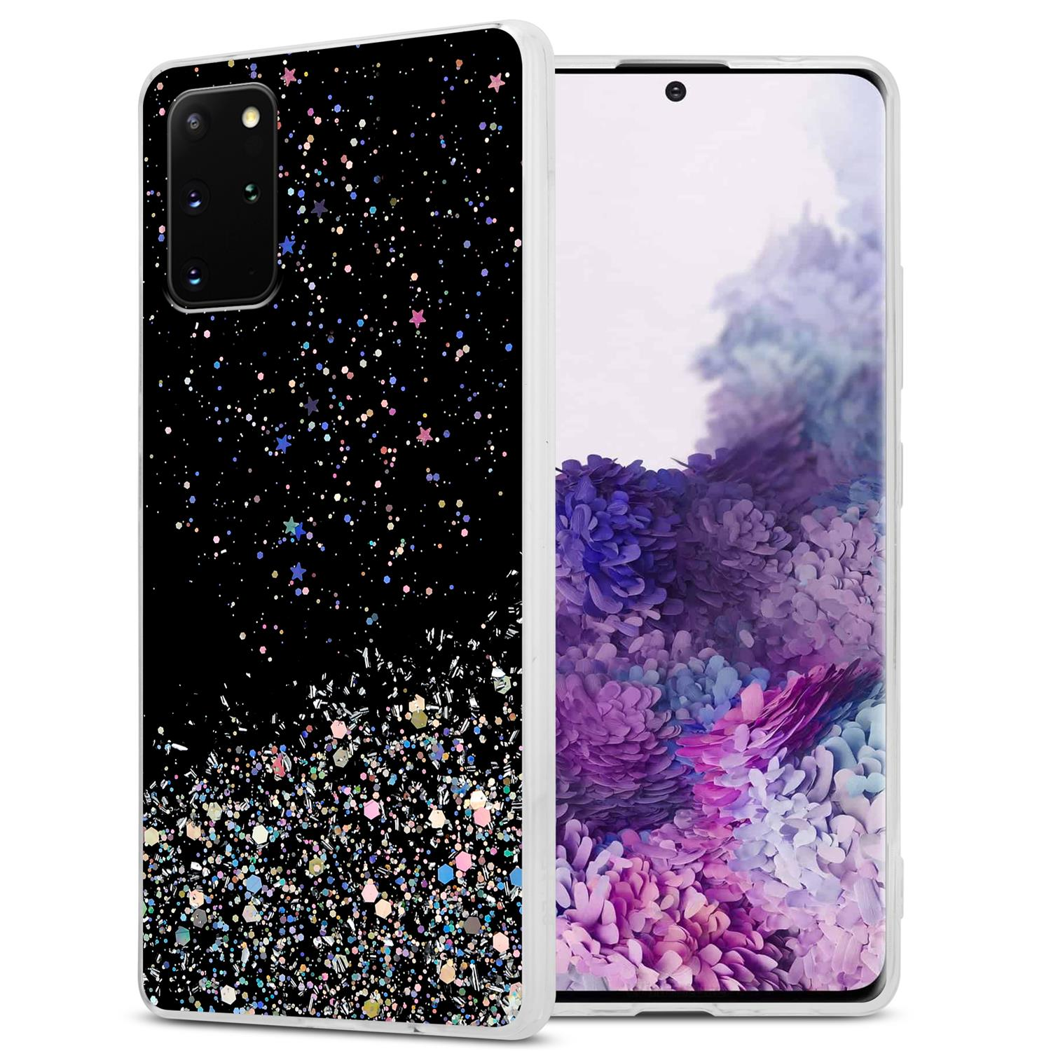 Schwarze Handyhülle mit Glitzer, über einem Samsung Galaxy.