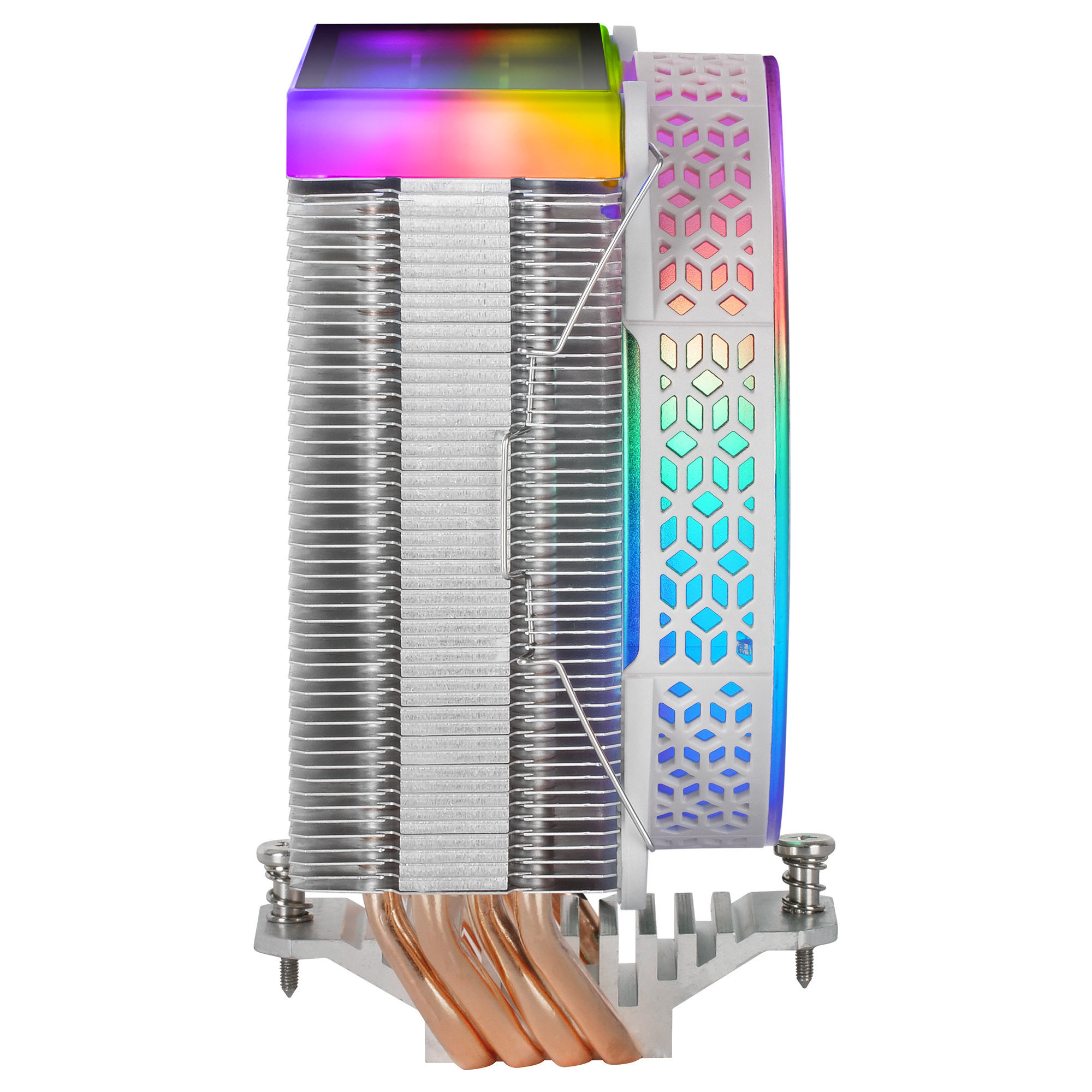 Chłodnica komputera ze srebrnymi żeberkami, miedzianymi rurkami i wentylatorem LED w kolorach tęczy.