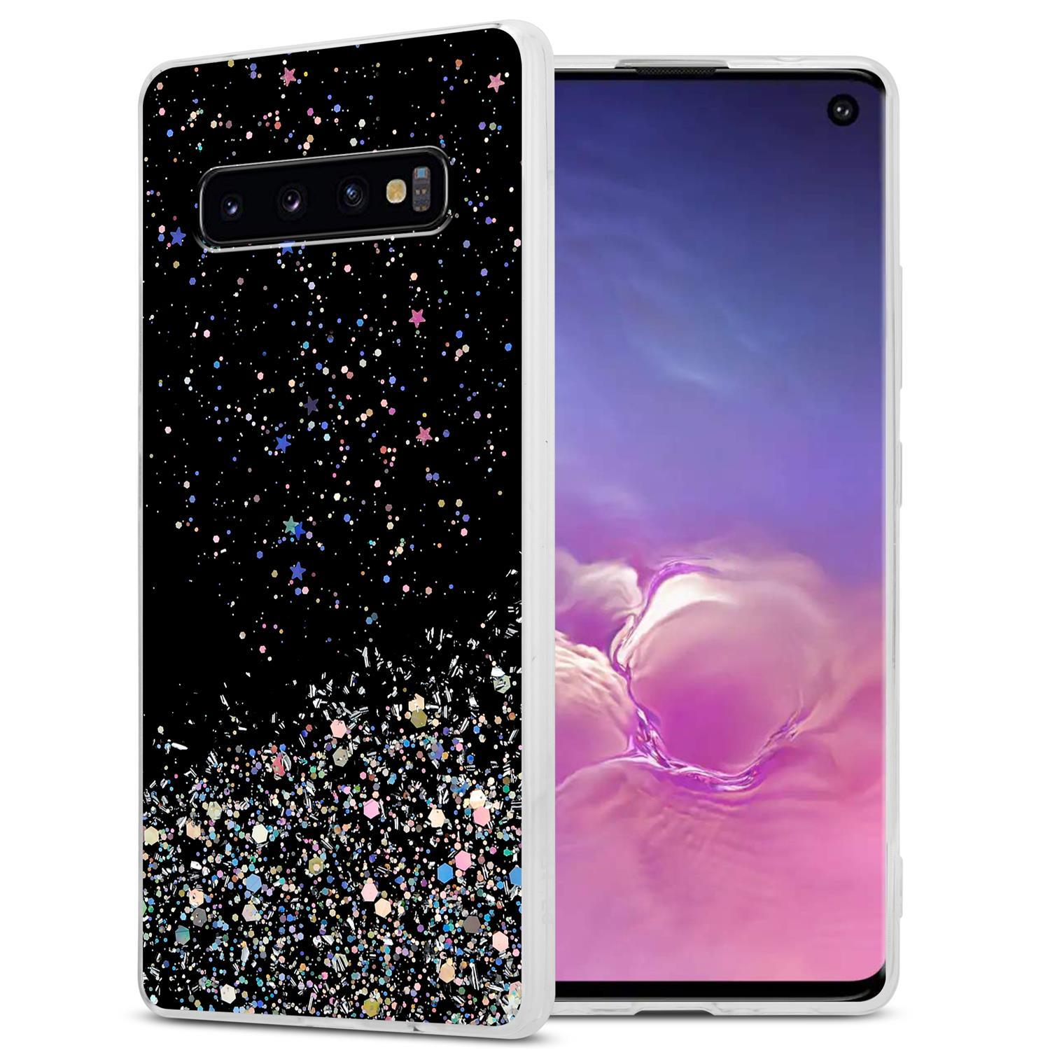 Schwarze Handyhülle mit Glitzerdesign und einem Telefon darin, das Telefon ist weiß.