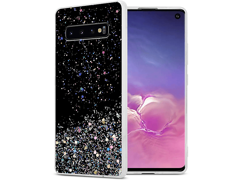 CADORABO Schutzhülle mit funkelnden Glitter, Backcover, Samsung, Galaxy S10 4G, Schwarz mit Glitter