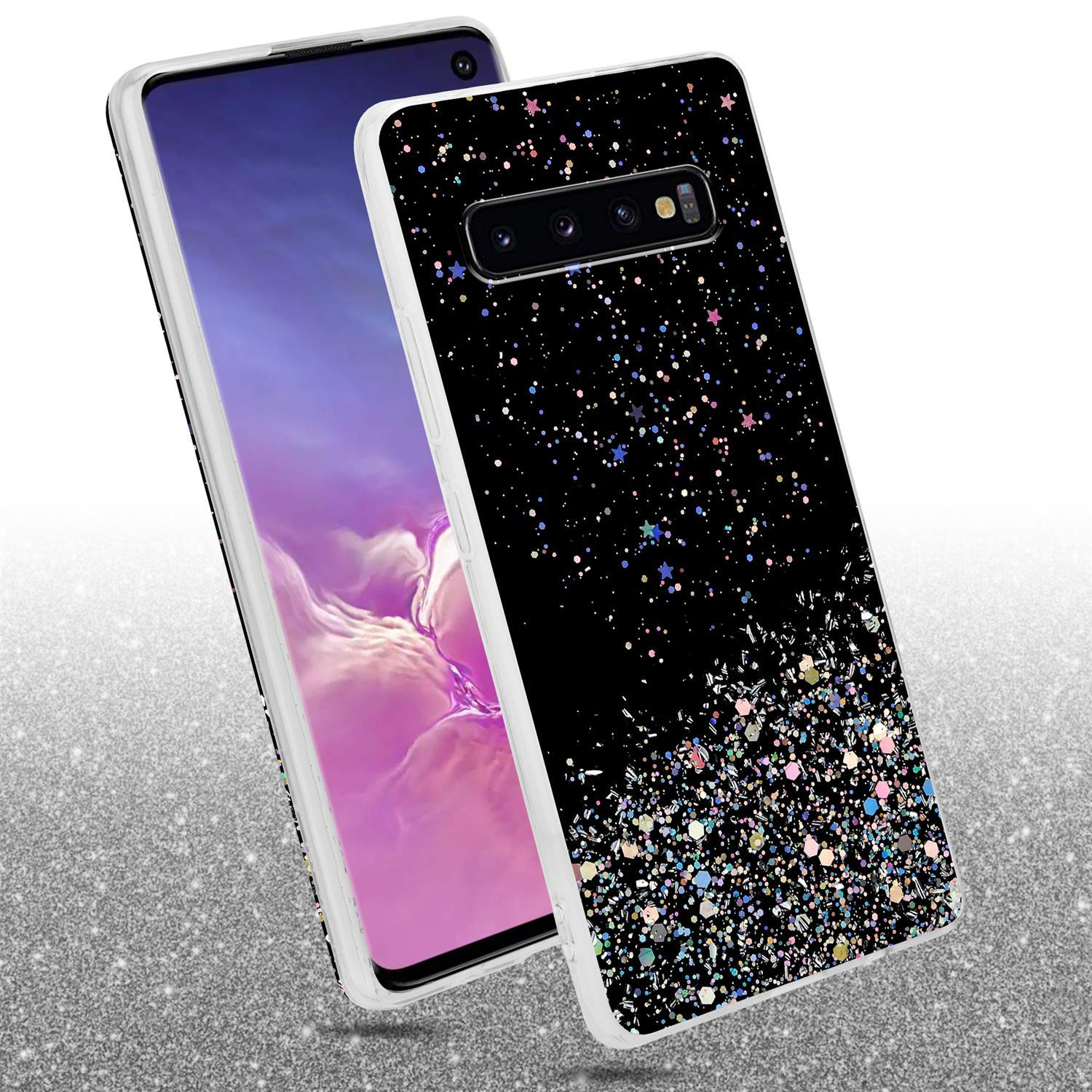Eine Handyhülle mit schwarzem Glitzer-Gradienten-Design und einem Telefon.