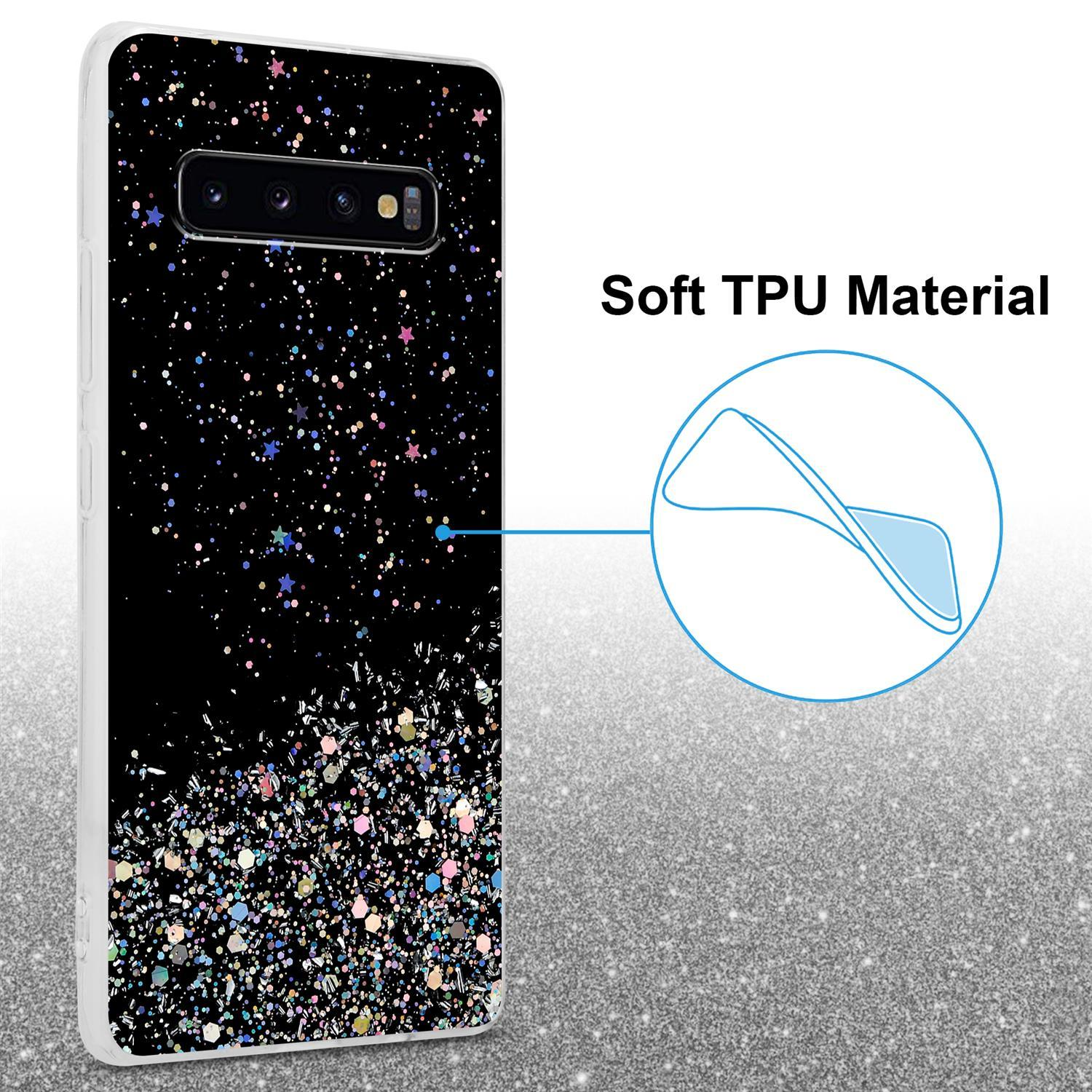 Handyhülle mit Glitzerdesign, schwarz-silberner Glitzer und Text 'Soft TPU Material'.