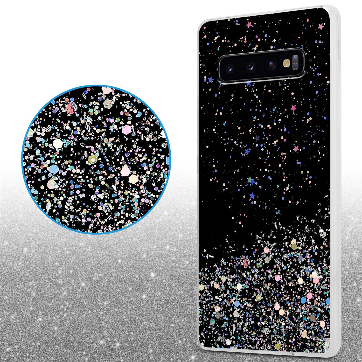 Handyhülle mit schwarzem Glitzerdesign, gezeigt mit einem vergrößerten Kreis des Glitzermusters.