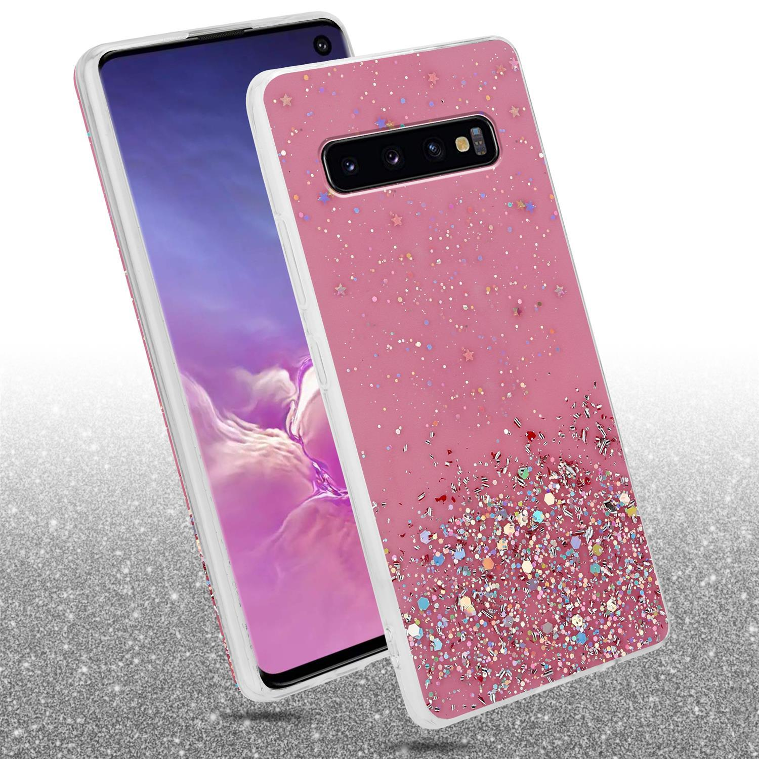 Pinke Handyhülle mit Glitzer. Zeigt ein Telefon. Der Hintergrund ist glänzend und voller Glitzer.