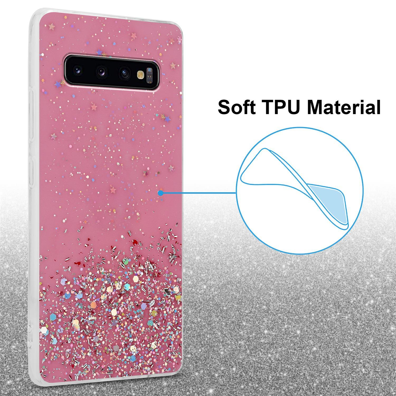 CADORABO Schutzhülle mit funkelnden Rosa Backcover, S10 4G, mit Glitter Galaxy Glitter, Samsung