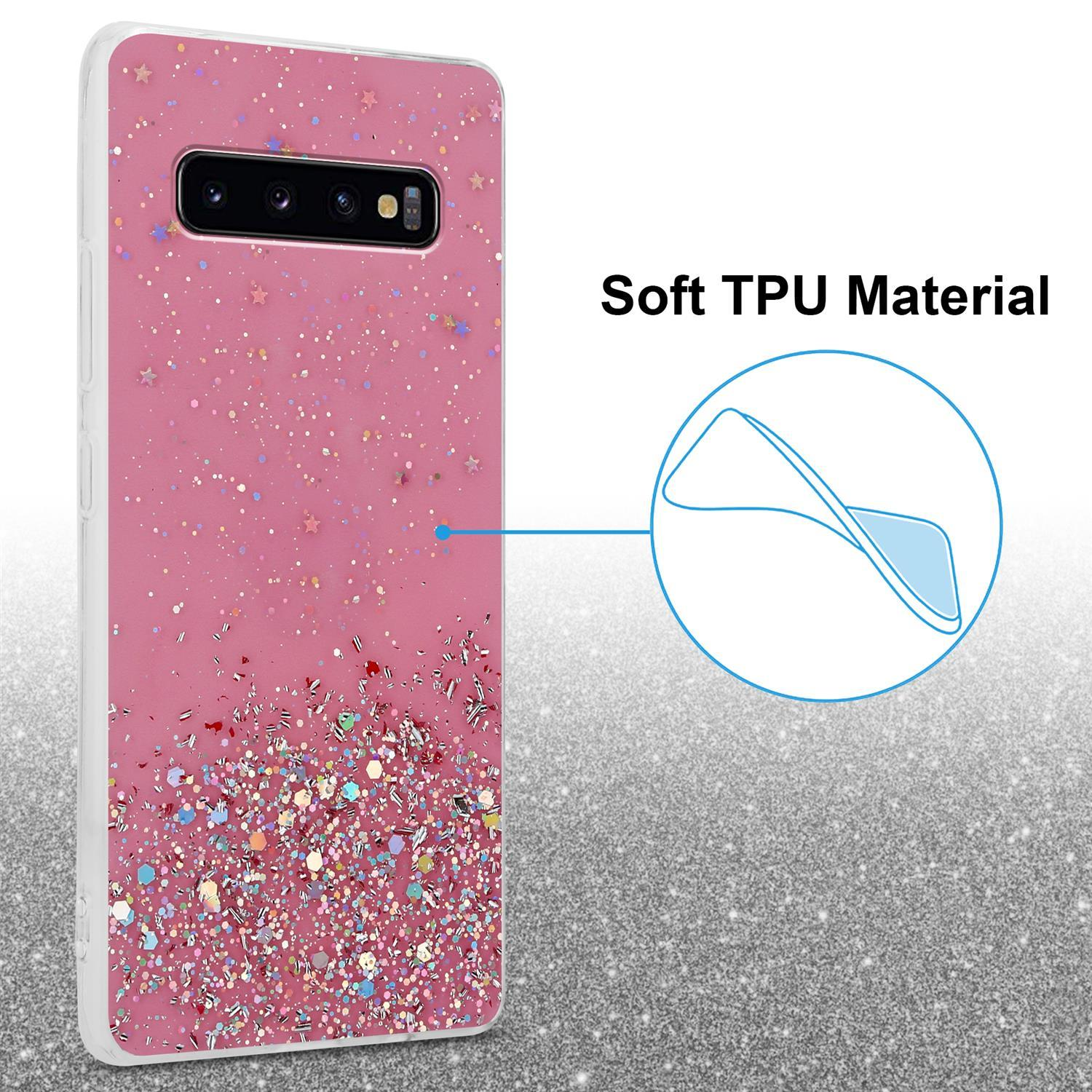 Rosa Handyhülle mit Glitzer und Glanz. Text: 'Soft TPU Material'.