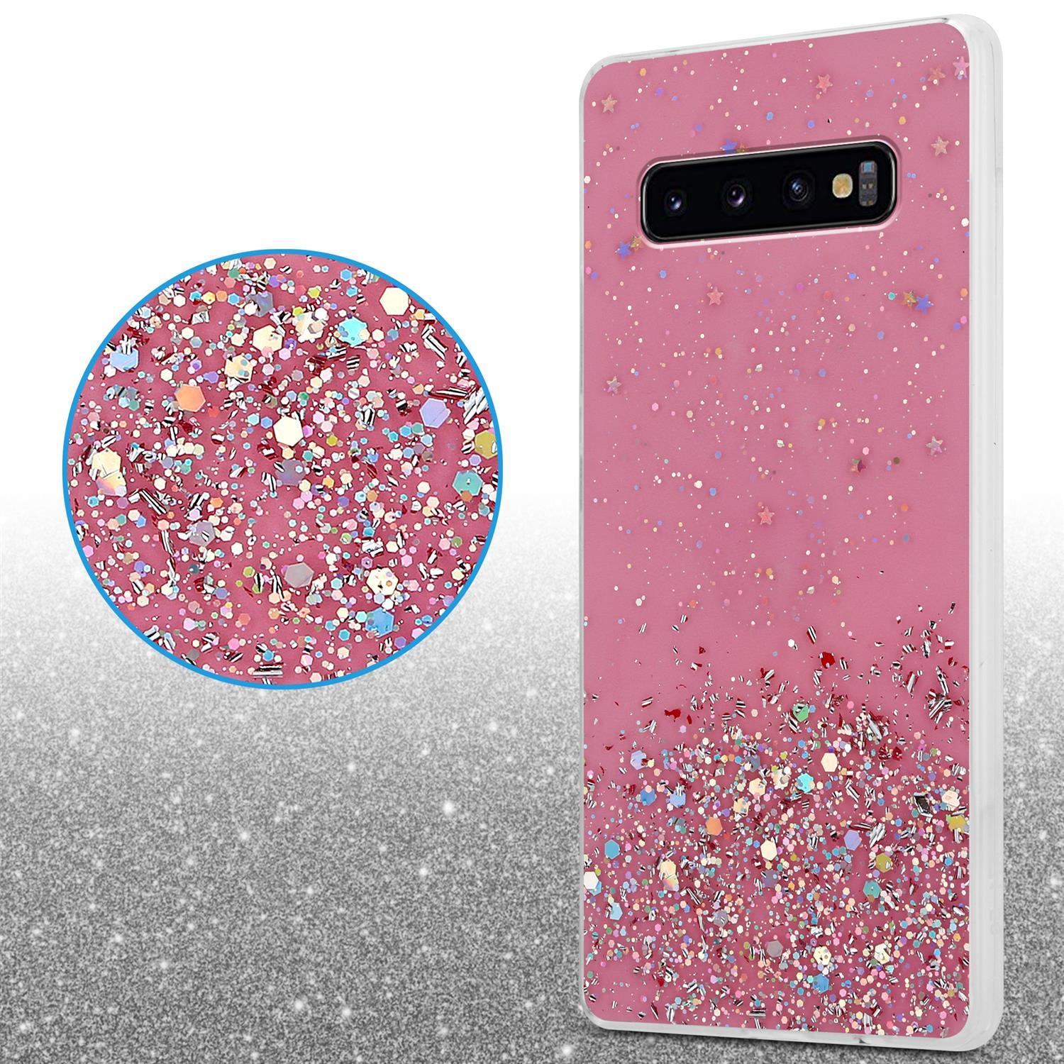 Rosa Handyhülle mit Glitzer, rosa Hintergrund und Kreis, der Details vergrößert.