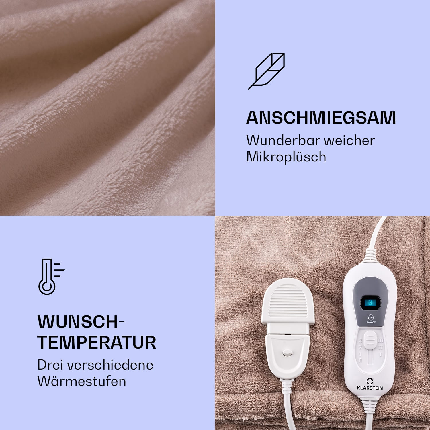 Nahaufnahme einer weichen, beigefarbenen Heizdecke und Bedienfeld mit Temperatureinstellungen.