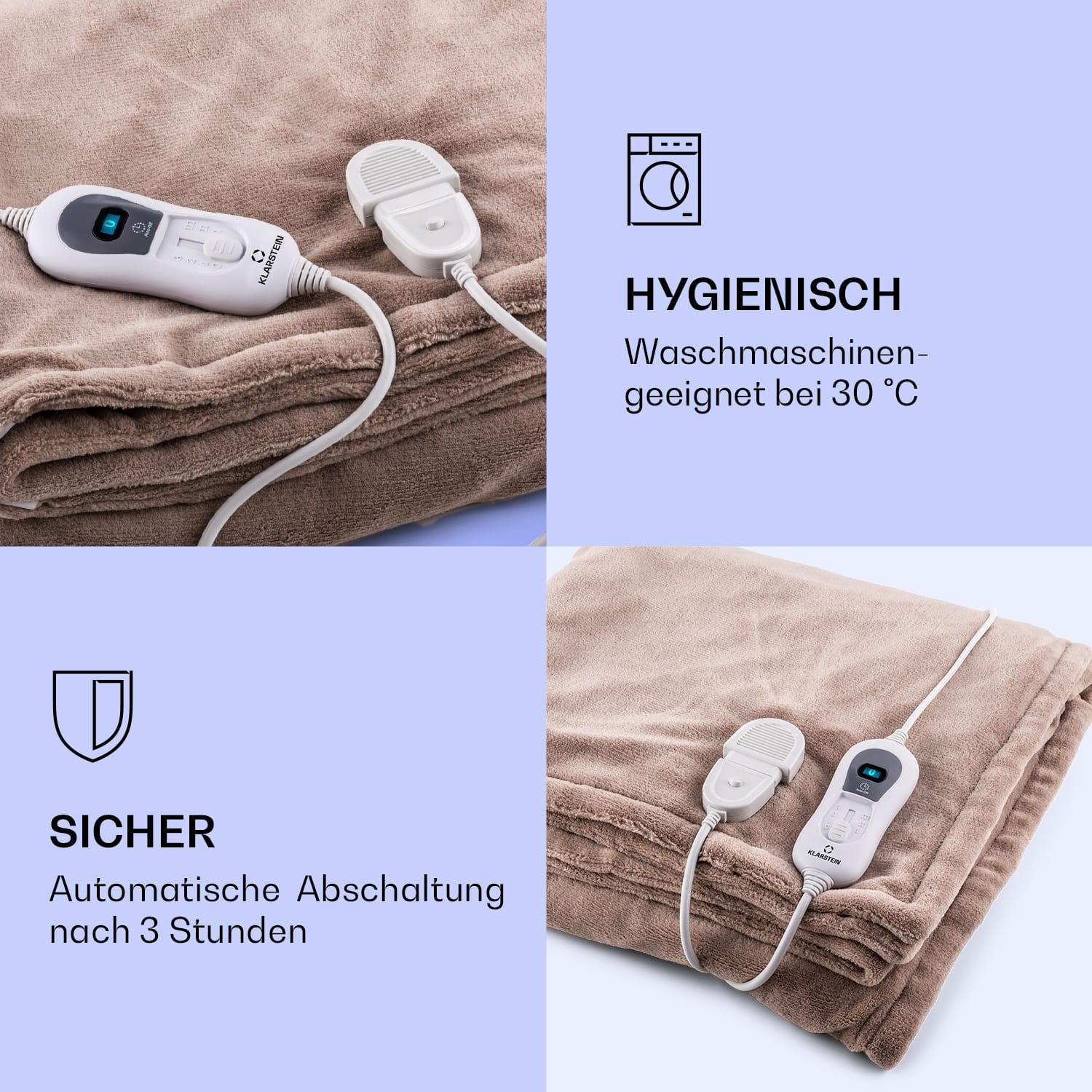 Beige elektrische Heizdecke mit Steuerung. Die Decke hat Symbole und Text zu Sicherheit und Waschen.