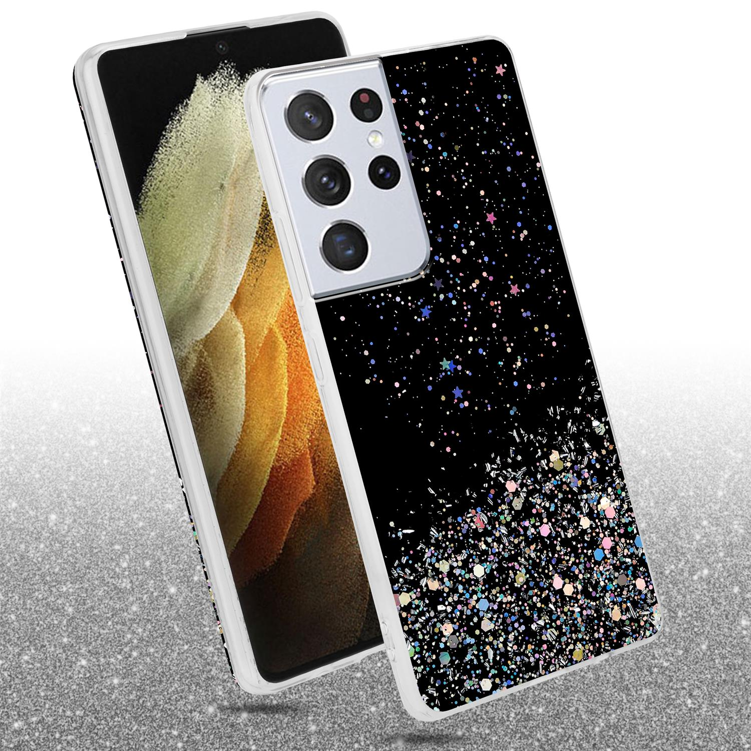 Telefono nero con custodia glitterata. Il telefono è su una superficie glitterata.
