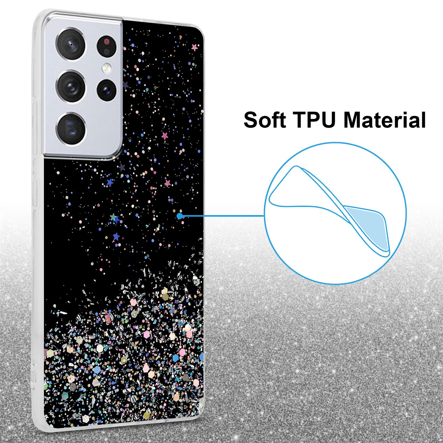 S21 Backcover, mit Samsung, funkelnden Glitter Schwarz Glitter, ULTRA, Schutzhülle Galaxy mit CADORABO