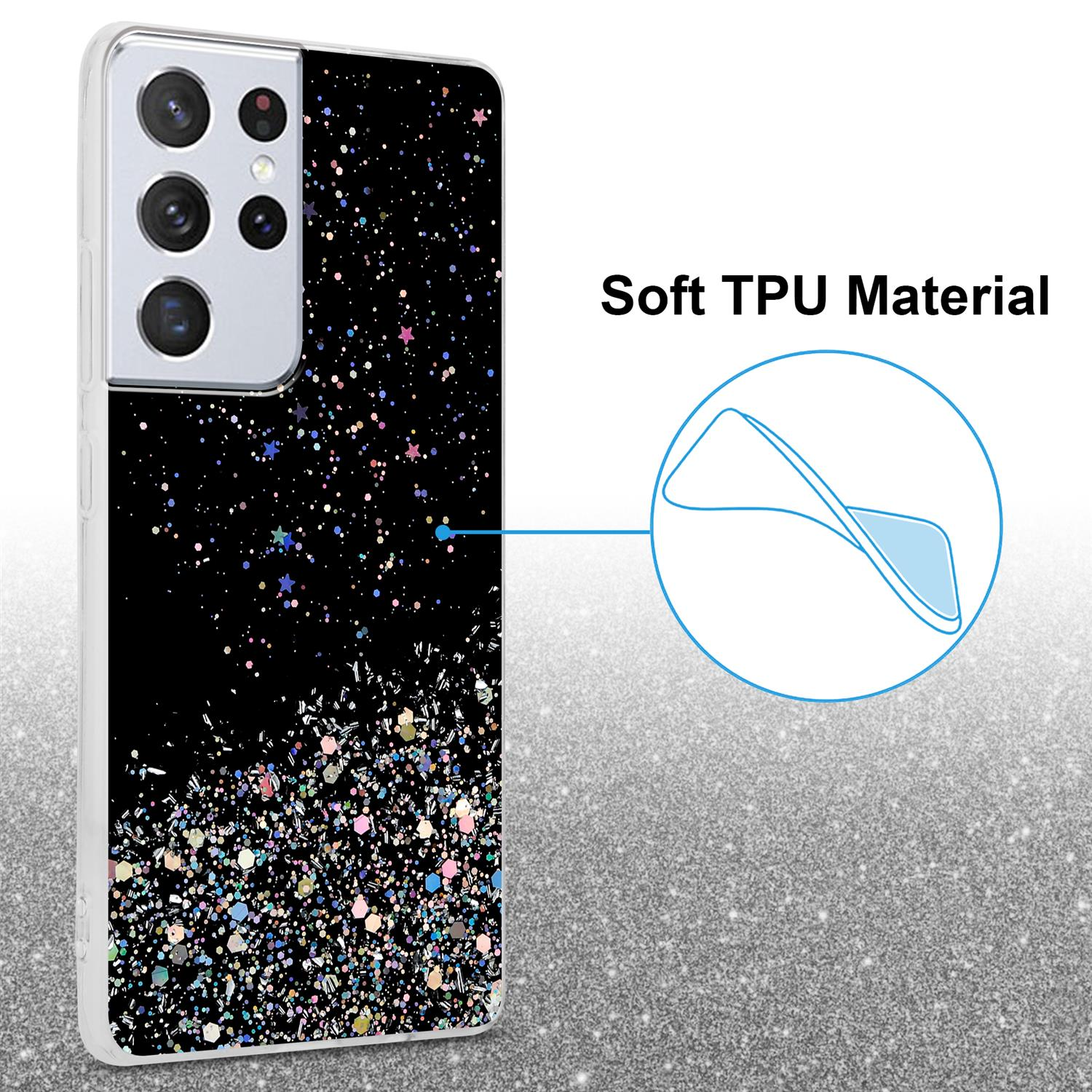 Custodia per telefono con design nero scintillante. La custodia è su un telefono.