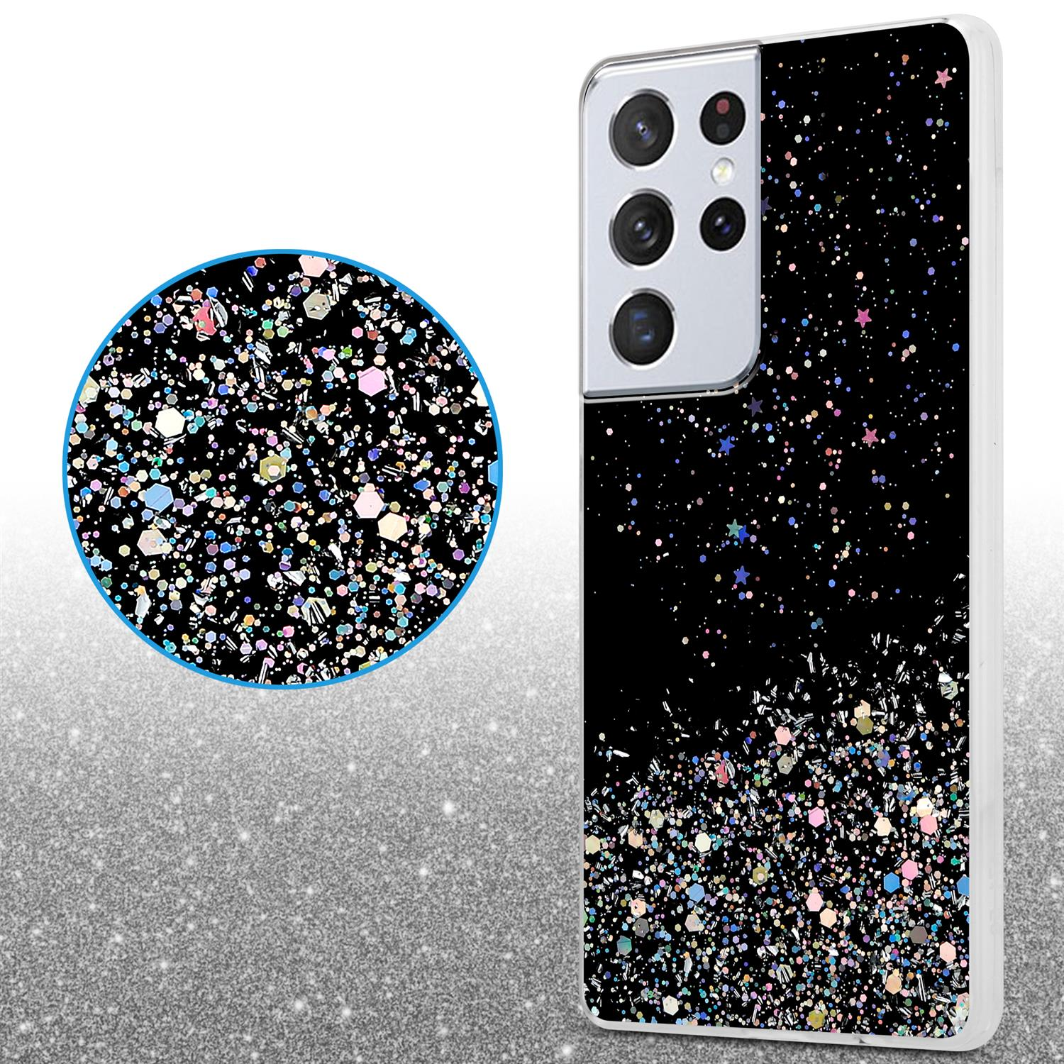 Un telefono con una custodia nera glitterata. A sinistra è mostrato anche un primo piano dei glitter.