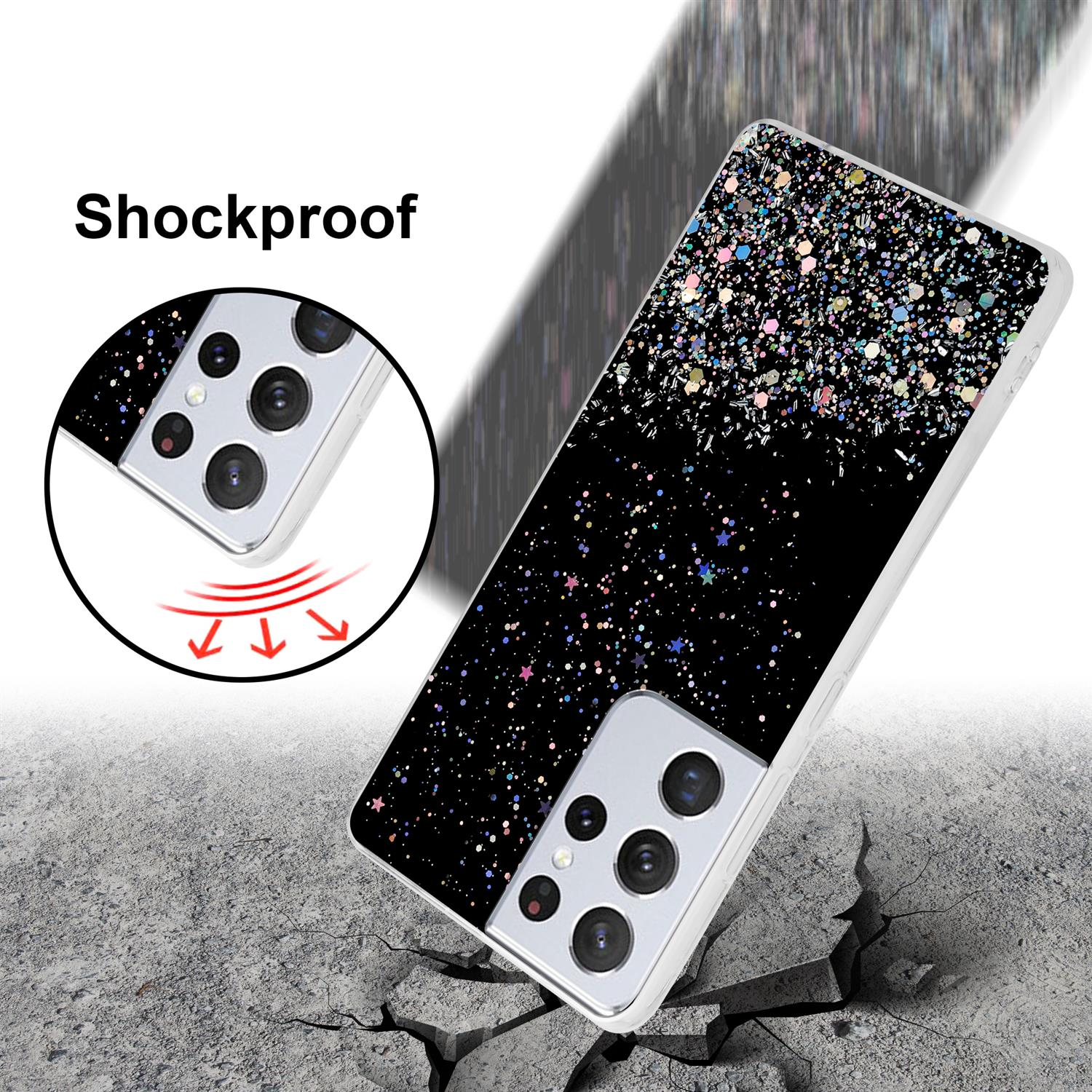 Una custodia per telefono con un design glitterato nero, che mostra un telefono su un terreno incrinato, antiurto.