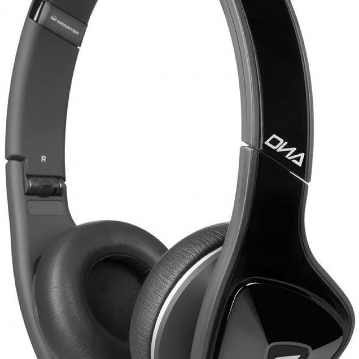 Czarne i szare słuchawki z czarnym pałąkiem, pokazujące logo 'DNA' na prawym uchu.