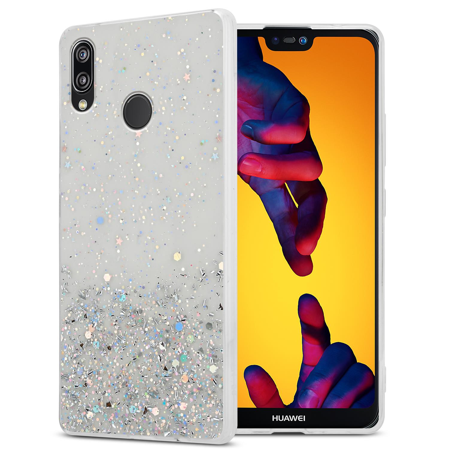 CADORABO Schutzhülle mit LITE Glitter 2018 Huawei, 3E, funkelnden P20 / mit Backcover, NOVA Transparent Glitter