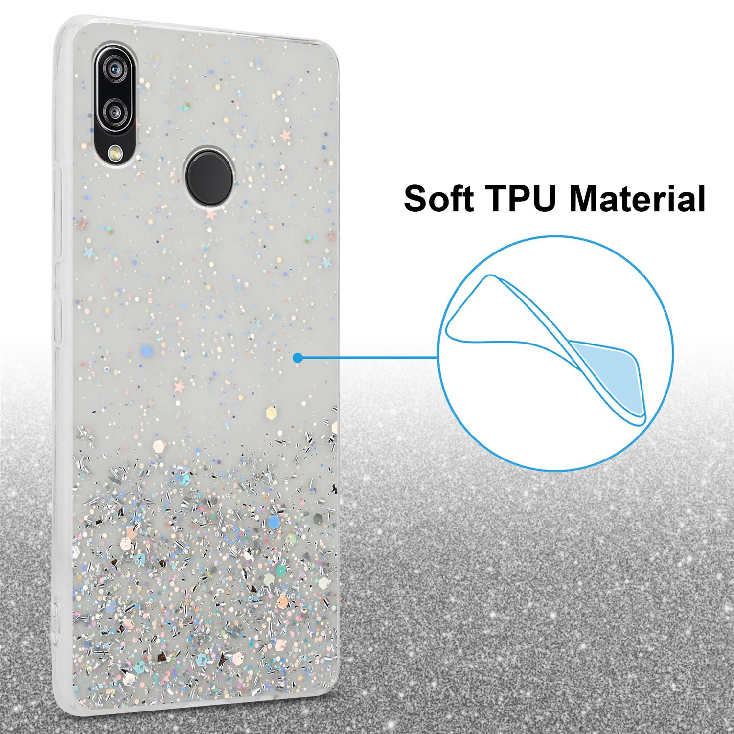 Glitzernde Handyhülle auf glitzernder Oberfläche. Hülle hat Sterne und ein Kamera Loch sichtbar.