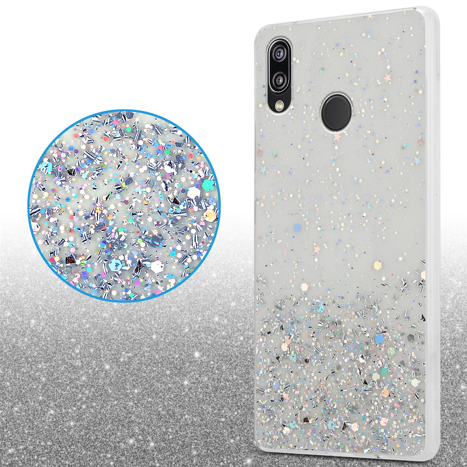 Handyhülle mit glitzerndem Design. Die Hülle ist weiß mit Nahaufnahme des Glitzerdetails.