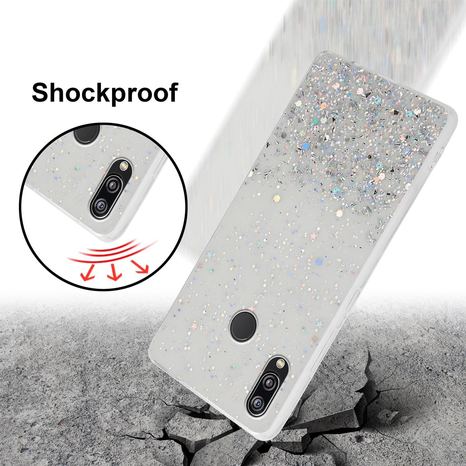 Handyhülle mit Glitzerdesign, schräg. Text: Stoßfest. Ein Kreis zeigt die Kameras.