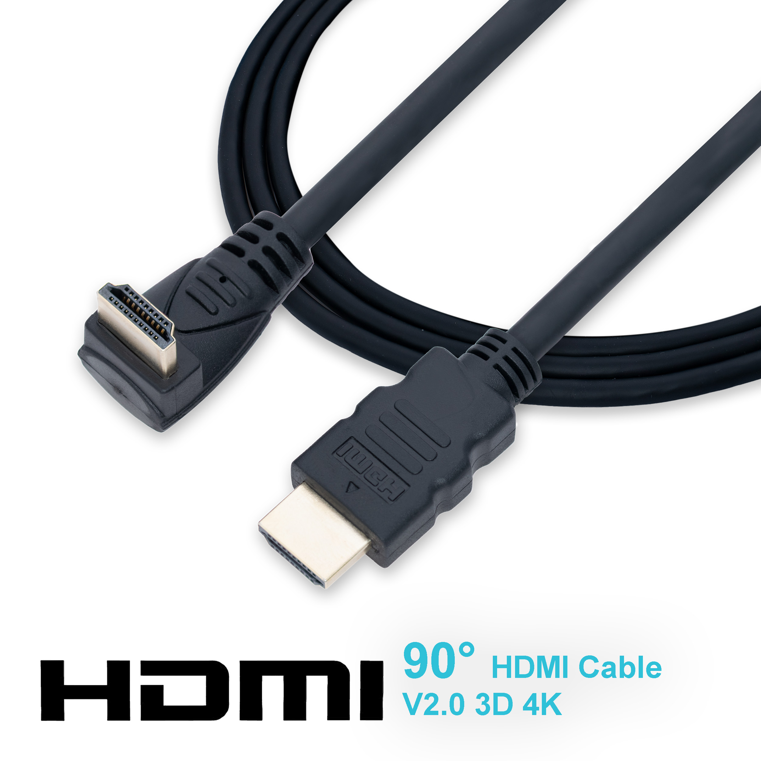 Schwarzes HDMI-Kabel mit gewinkeltem Stecker. Text: '90° HDMI Cable'.