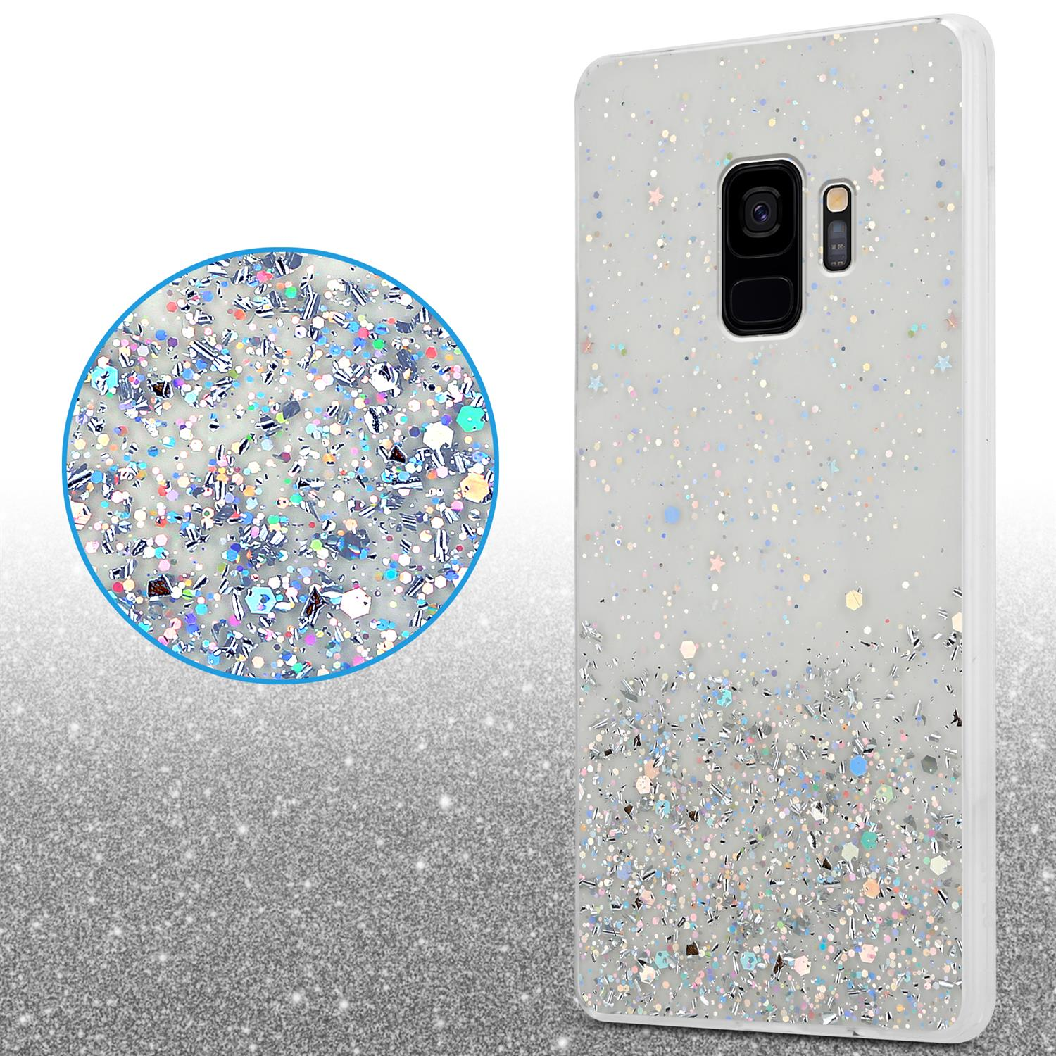 Eine Handyhülle mit Glitzerdesign, mit klarer Basis und funkelnden Elementen.