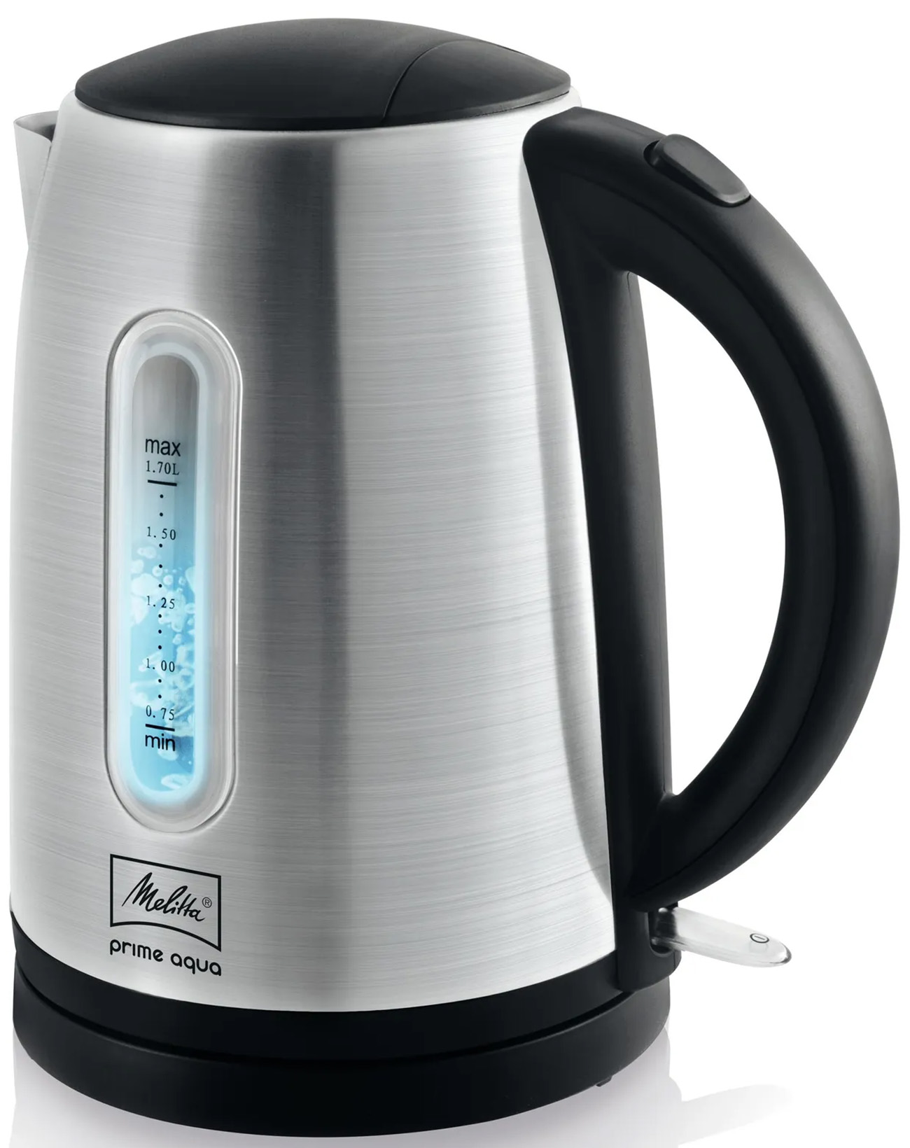 Silberner Wasserkocher mit schwarzem Griff. Wasserstandsanzeige zeigt blaues Wasser.