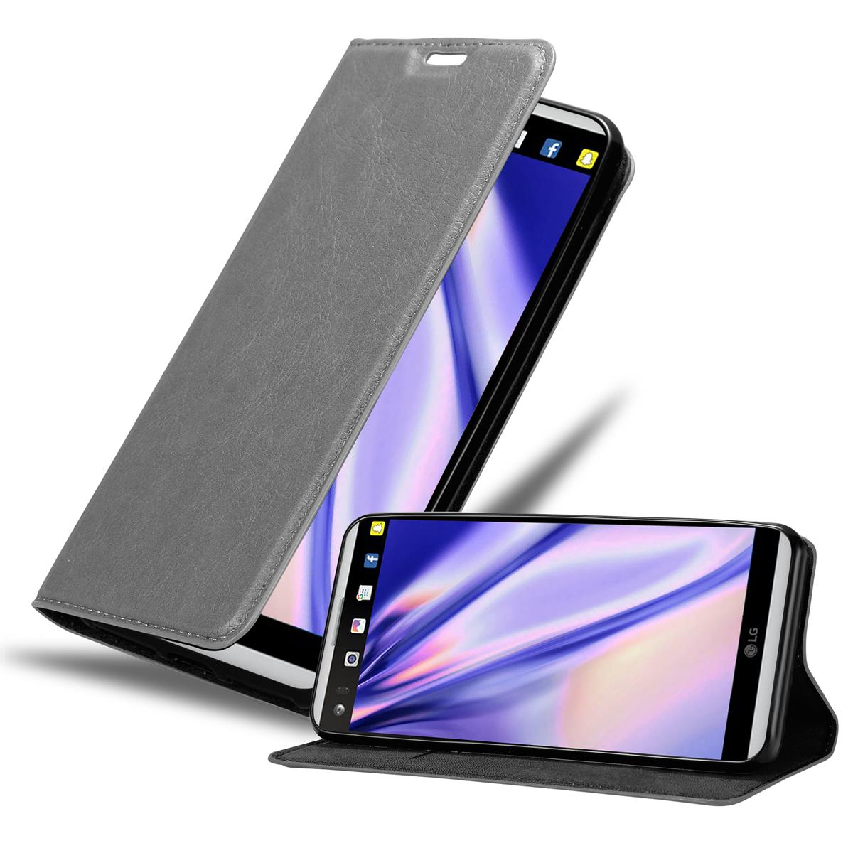 Funda de teléfono gris con un teléfono dentro y otro teléfono delante, mostrando la pantalla.