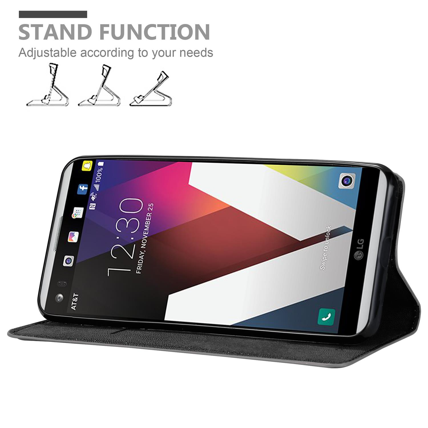 Teléfono negro en una funda abierta, con funciones de soporte ilustradas.