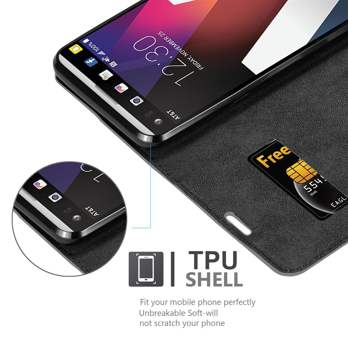 Teléfono negro en una funda. Pantalla muestra hora e iconos de redes sociales. Tarjeta SIM dentro.