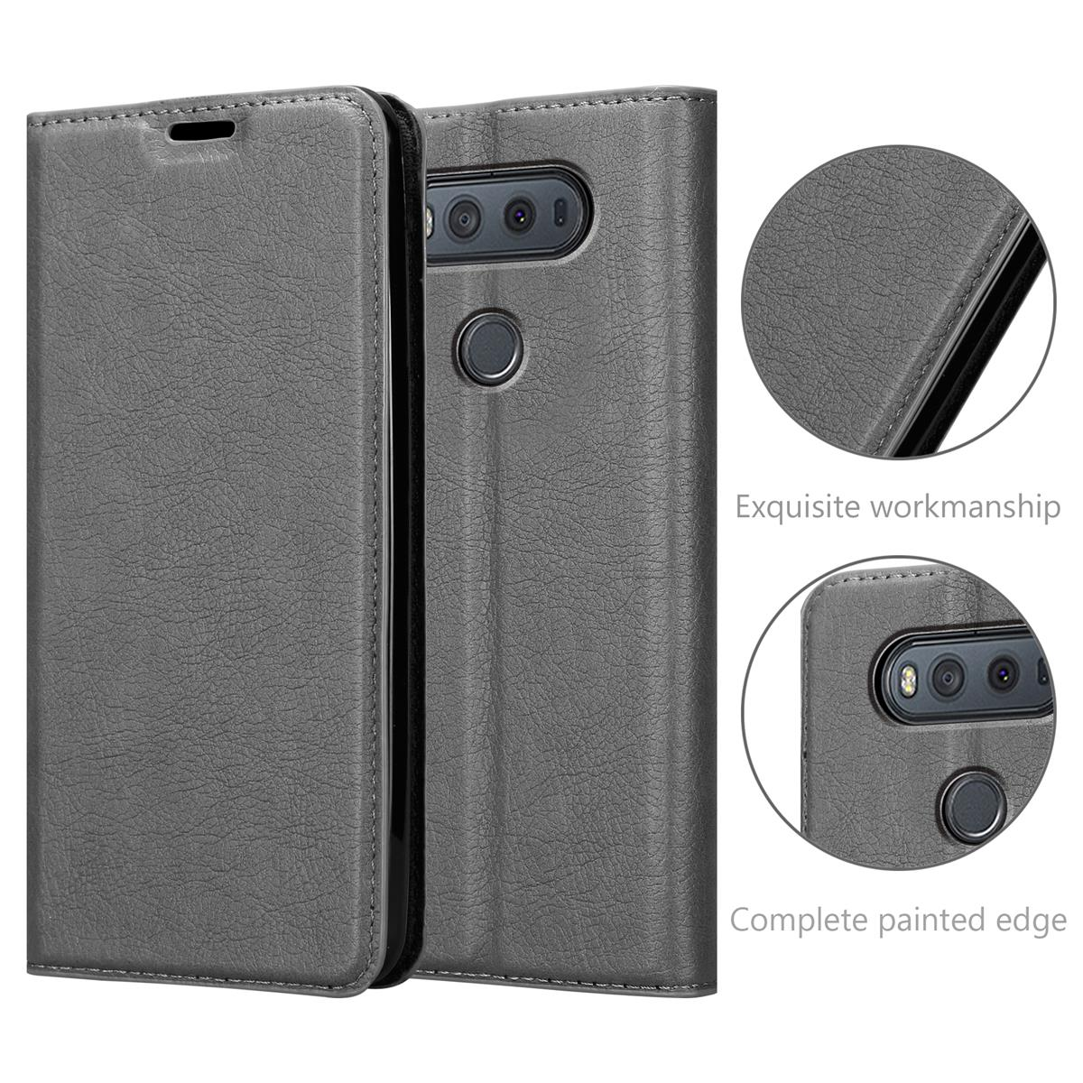 Funda gris de teléfono abierta, mostrando teléfono. Detalles de la funda resaltados.