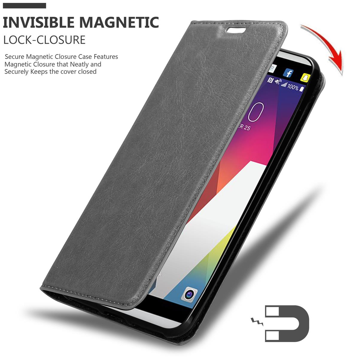 Funda de teléfono gris abierta con un teléfono que muestra una interfaz; la funda tiene cierre magnético.