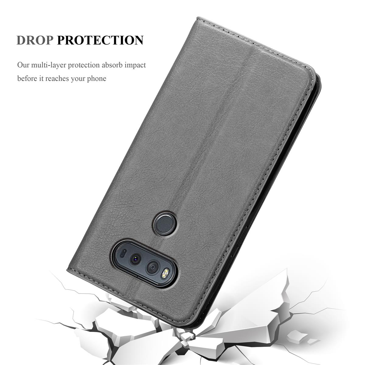 Funda gris con teléfono dentro. Grietas en el suelo ilustran protección.