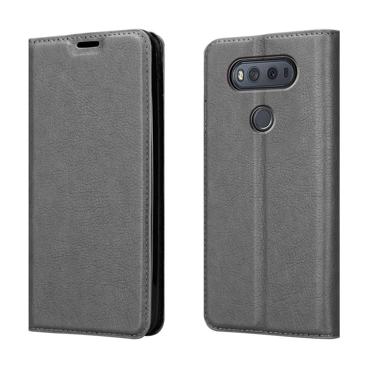 Funda de teléfono: cuero gris, vista abierta y cerrada, con orificios para cámara y altavoz.
