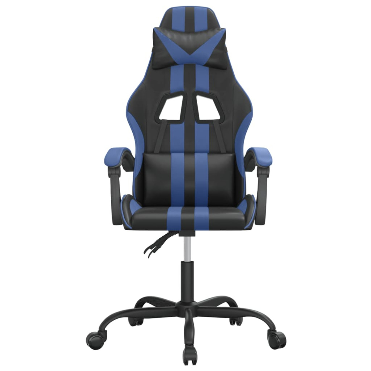 Gaming-Stuhl mit blauen und schwarzen Streifen. Schwarze Basis. Weißer Hintergrund.