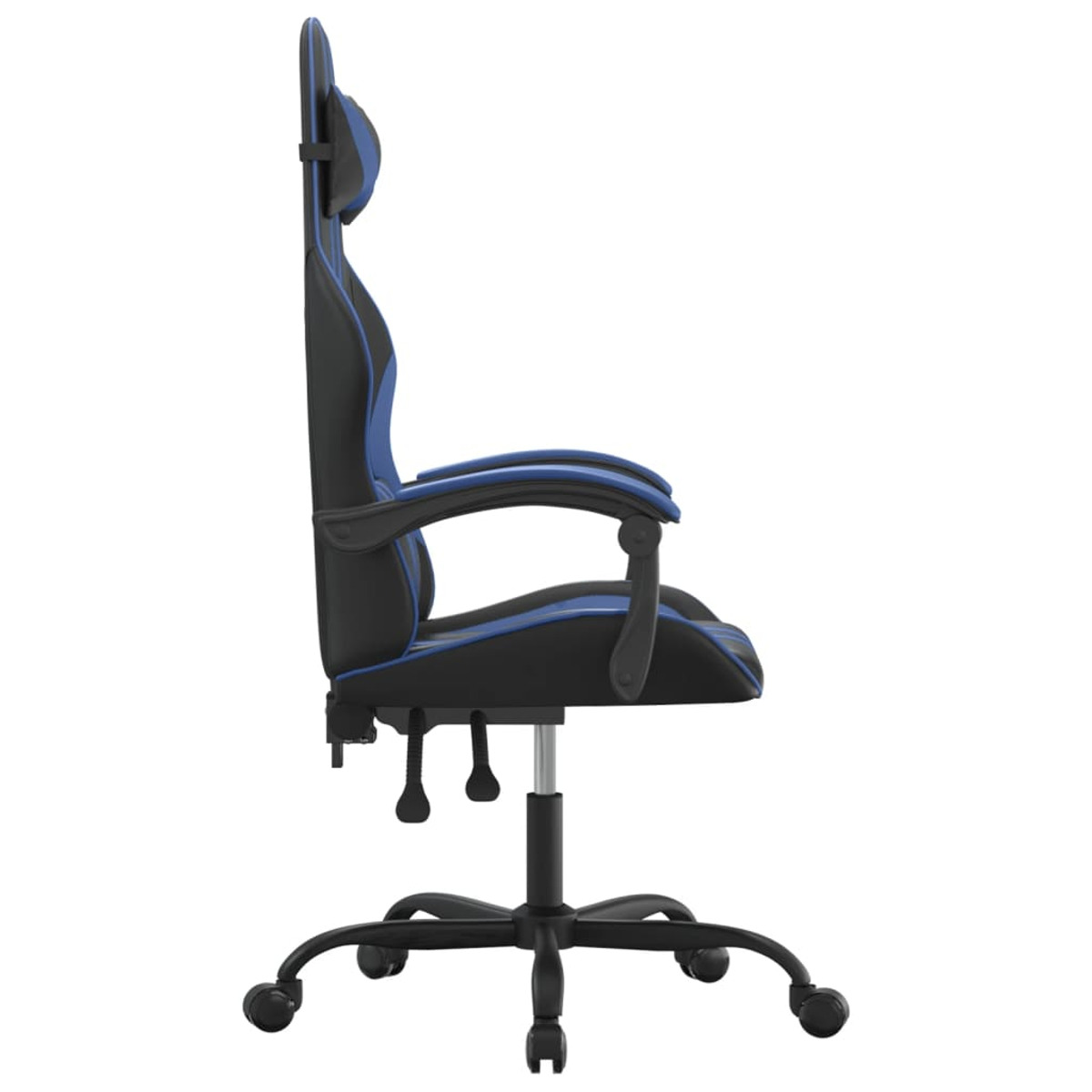 Blau-schwarzer Gaming-Stuhl, Seitenansicht. Mit Kopfstütze, Armlehnen und Rollen.