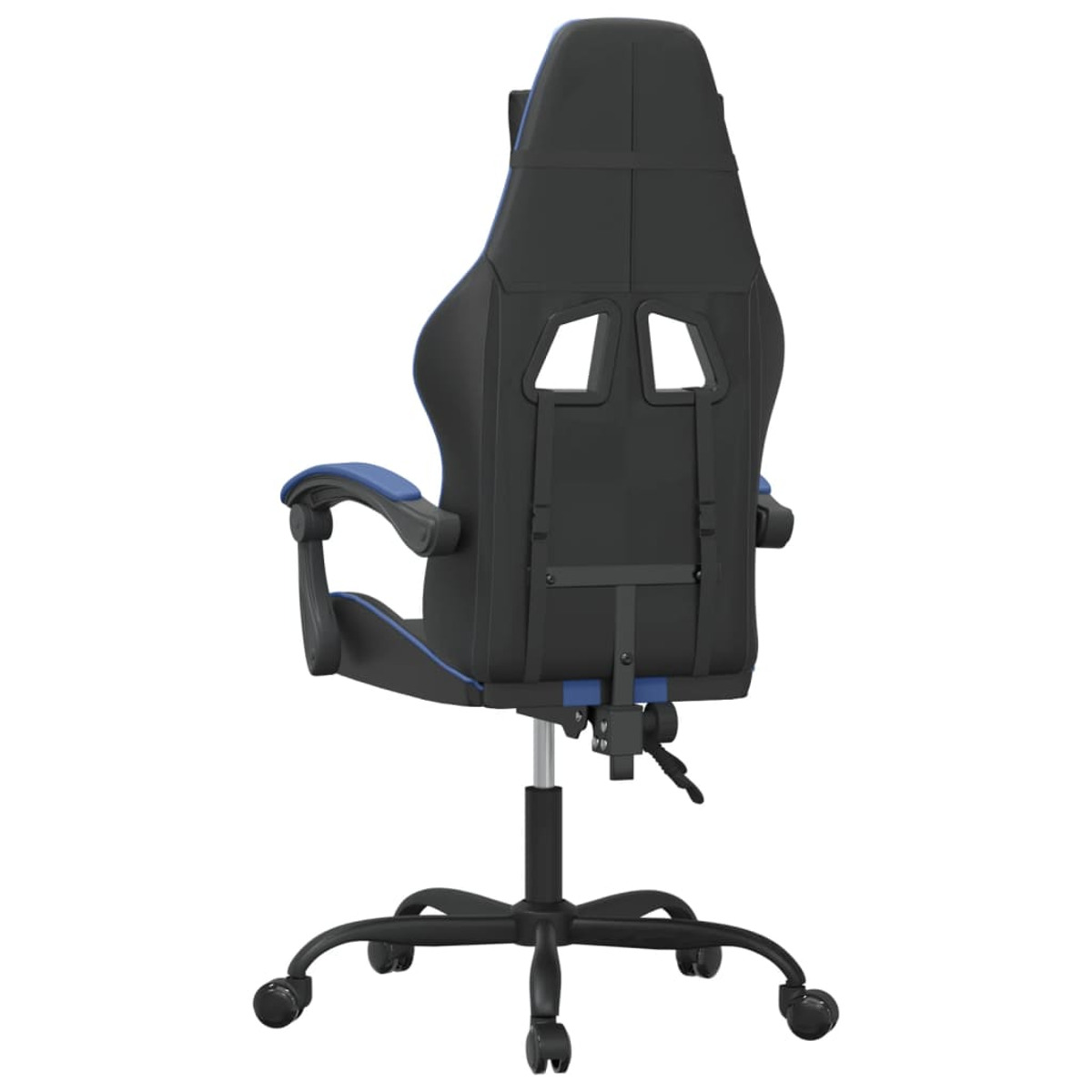 Rückansicht eines schwarzen und blauen Gaming-Stuhls. Blaue Zierleiste, schwarzes Gestell und Rollen.