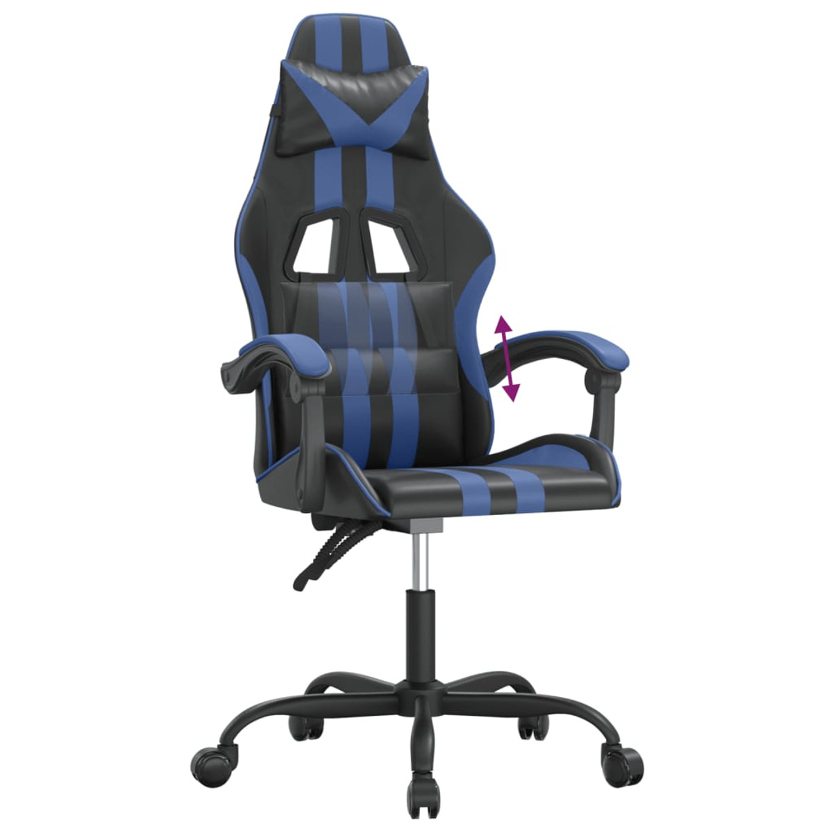 Gaming-Stuhl, schwarz und blau, mit verstellbarer Armlehne. Der Stuhl hat Räder.