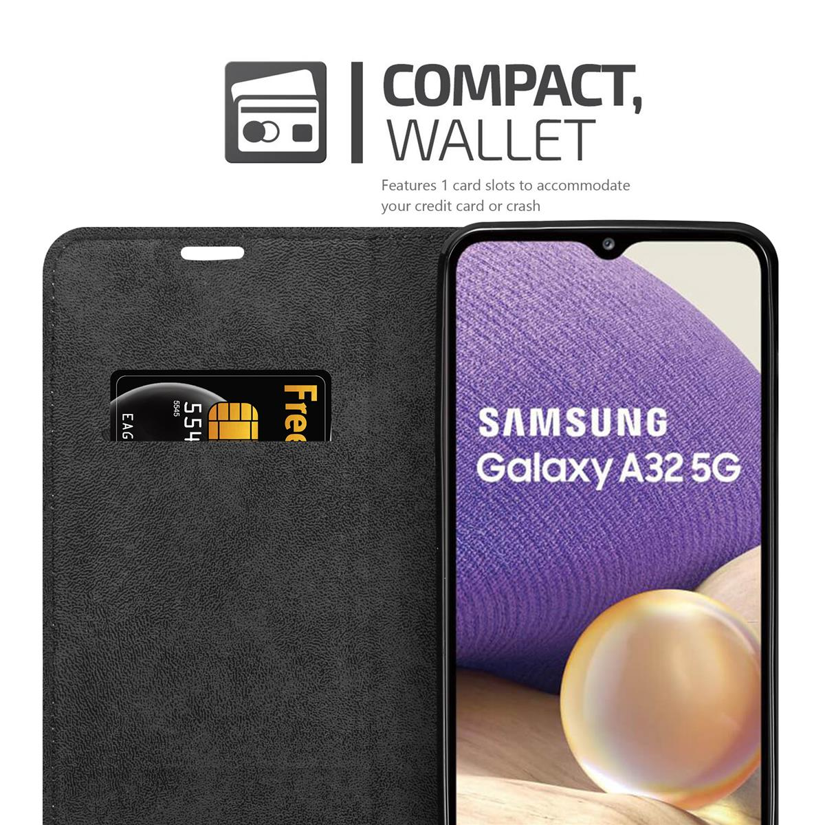 Custodia nera per telefono con slot per schede e telefono che mostra Samsung Galaxy A32 5G. Sfondo nero.