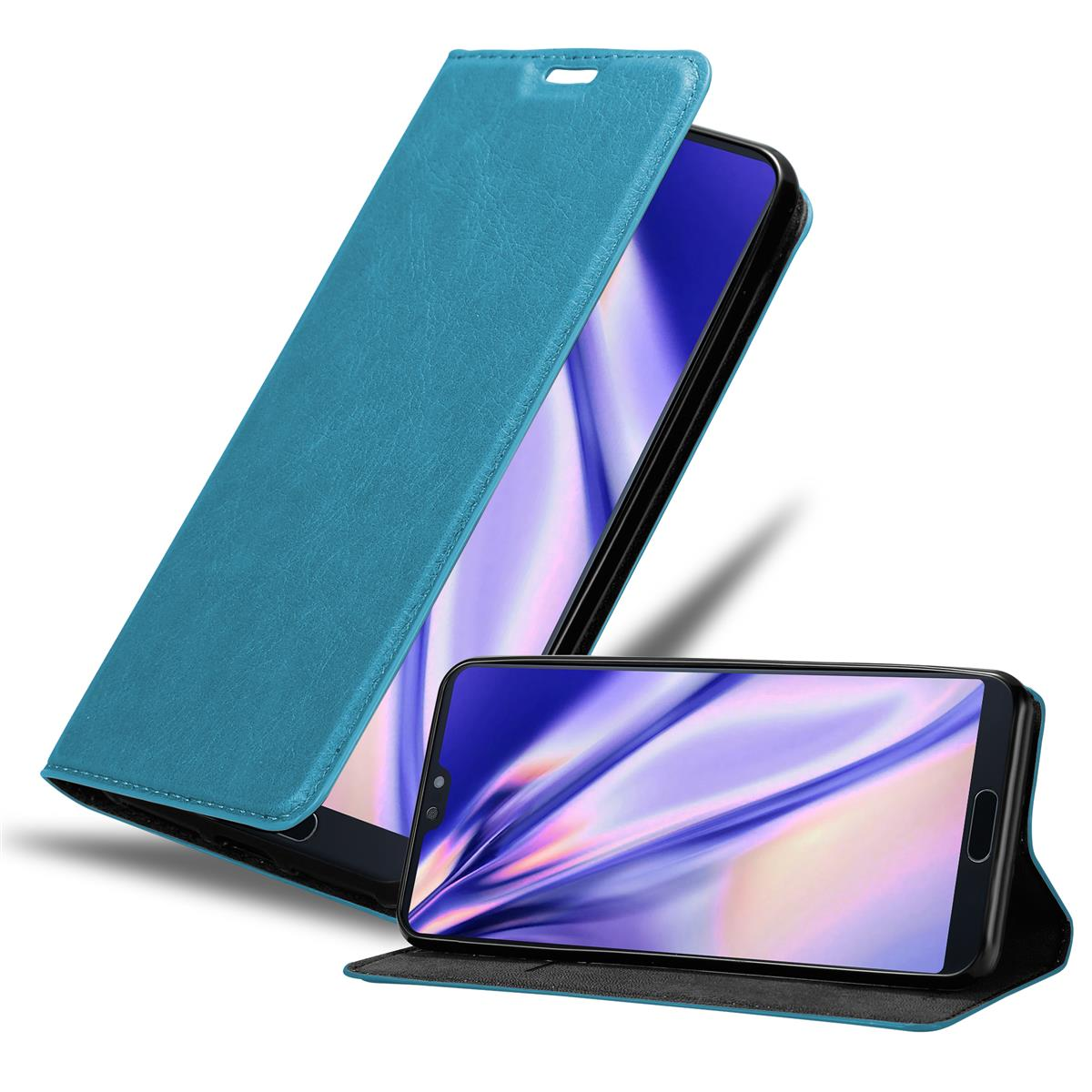Blaue Handyhülle, geöffnet, um das Telefon zu zeigen. Telefon steht aufrecht.