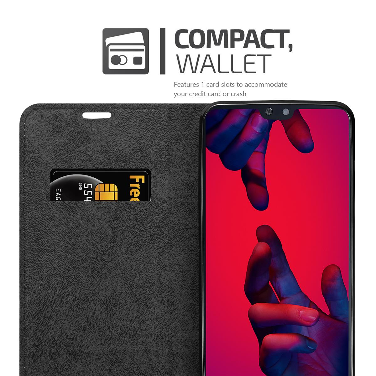 Schwarze Handyhülle mit Kartenfach, in dem sich eine Karte befindet. Das Telefon zeigt einen roten Hintergrund und Hände.