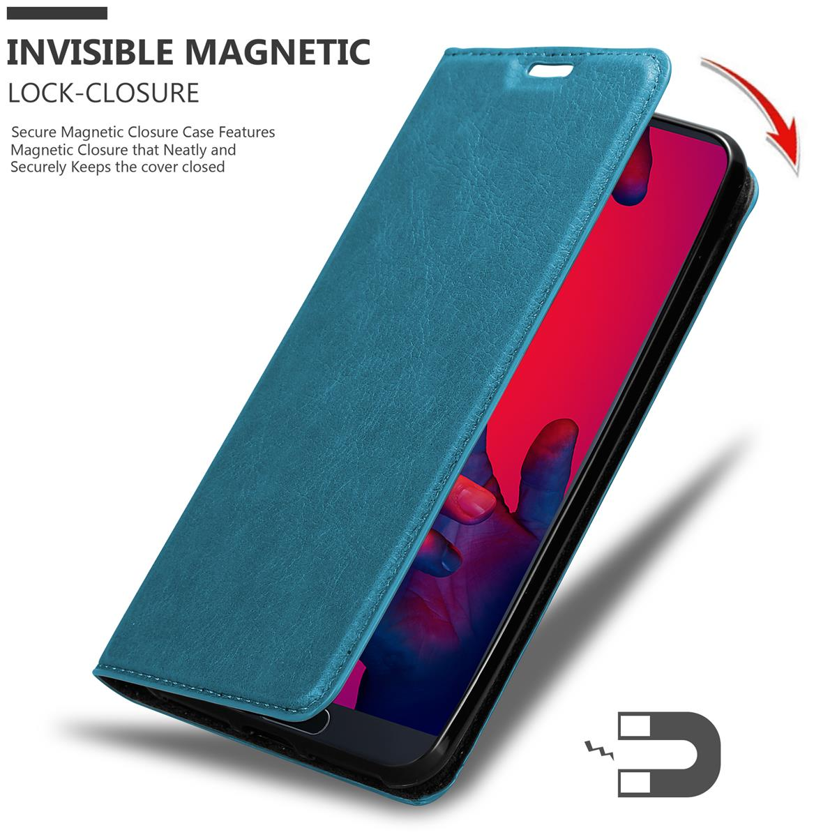 Offene blaue Handyhülle mit Telefon, das eine rote Oberfläche zeigt, und einem Magnetzeichen.