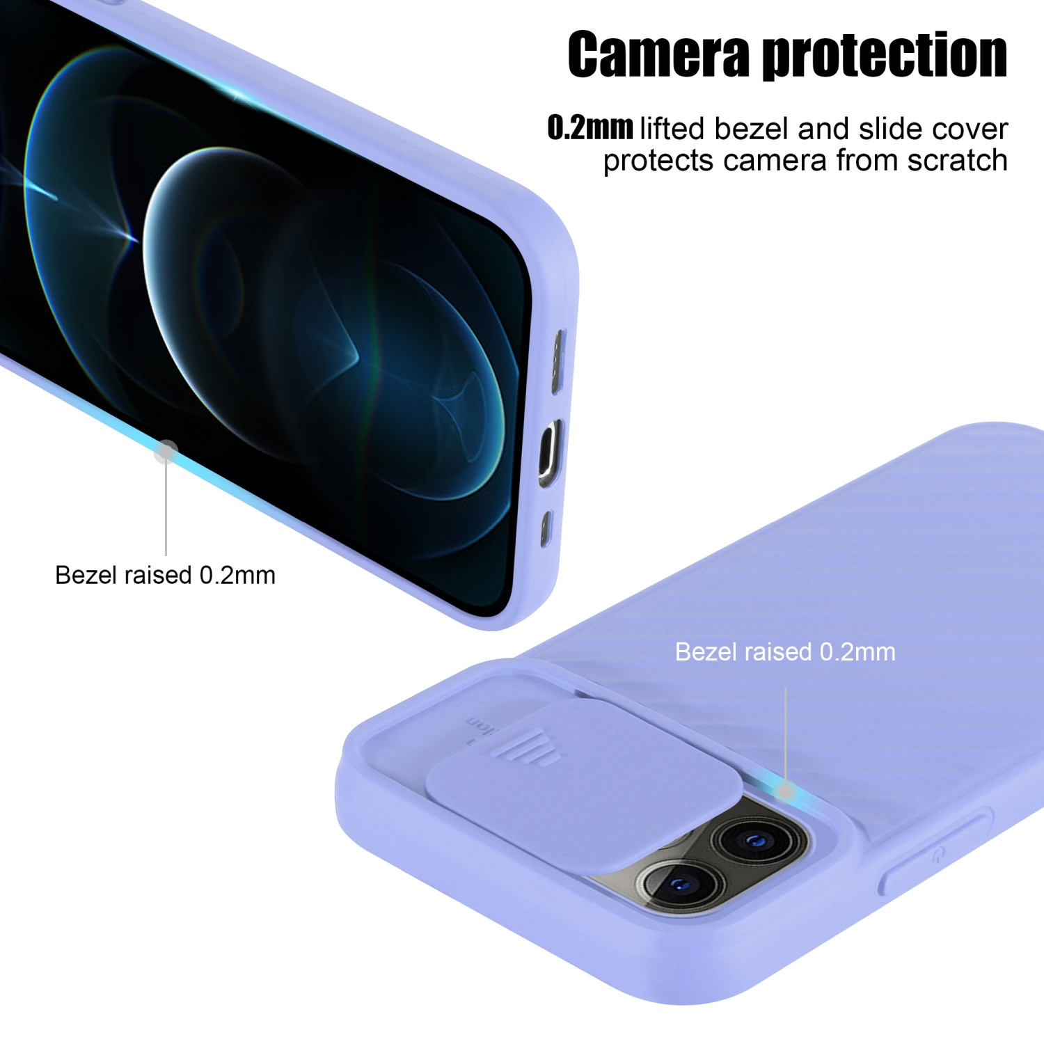 Hellviolette Handyhülle mit Kameraschutz. Blende und Schiebeabdeckung. Das Telefon ist auf einem Display.