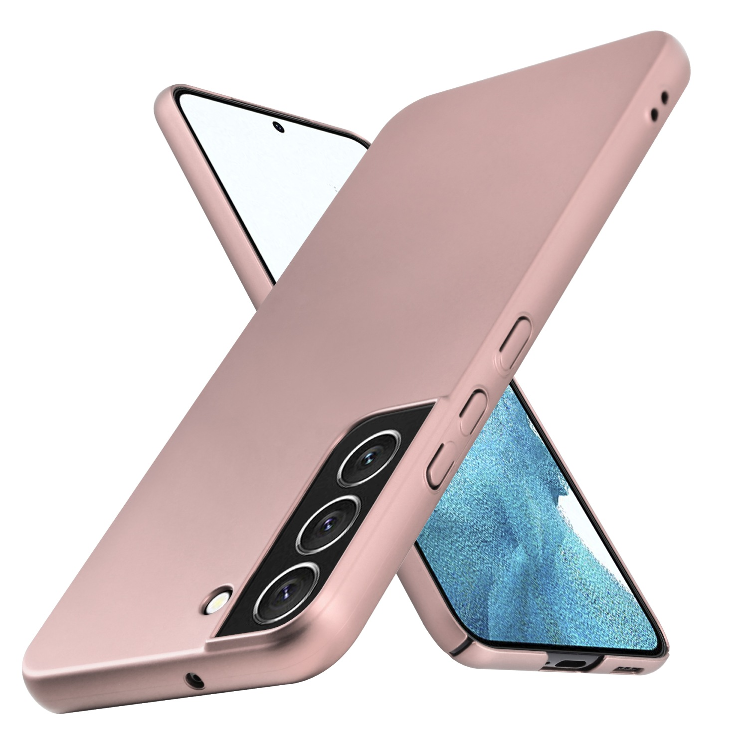 Rosa Telefon mit Hülle, das Telefon ist teilweise sichtbar. Die Hülle hat Kameralöcher.