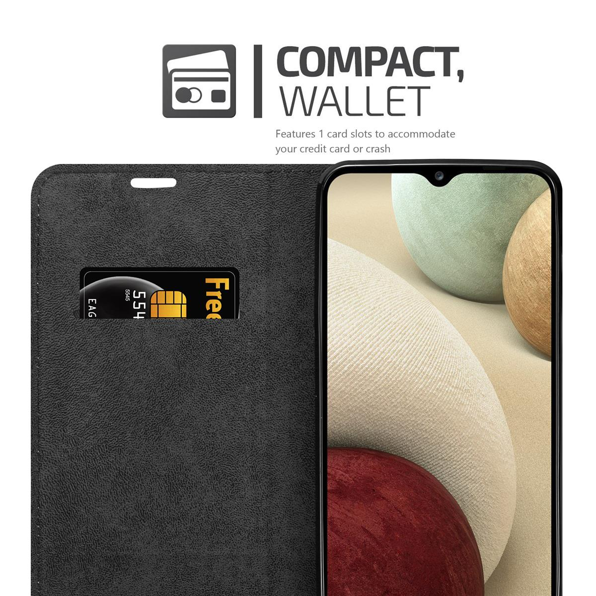Schwarzes Handy-Wallet-Case geöffnet mit einem Telefon und einem Kartenfach, Kreditkarte und ein Telefon.