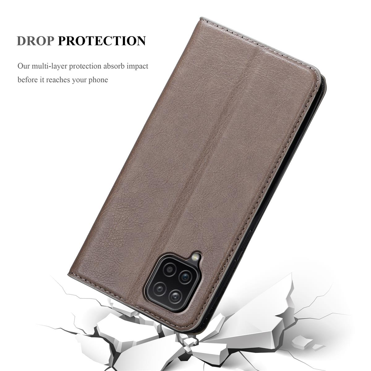 Eine braune Handyhülle, offen, mit sichtbarer Handykamera. Text: DROP PROTECTION.
