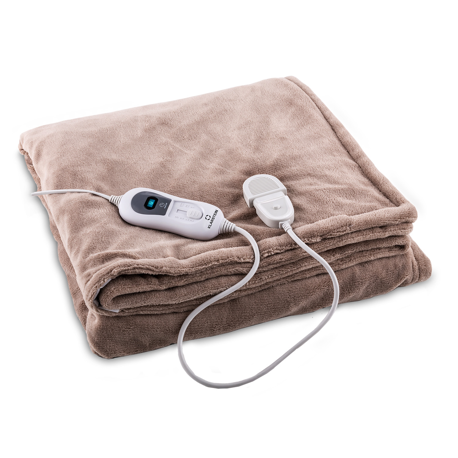 Beige elektrische Heizdecke mit weißem Bedienfeld. Auf weißem Untergrund gefaltet.