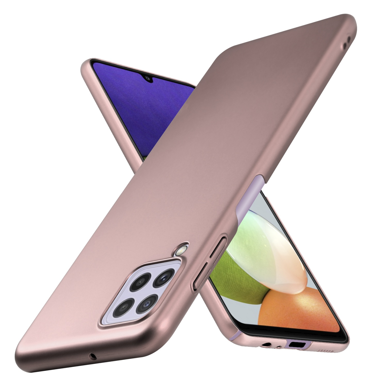 Zwei roségoldene Handyhüllen, abgewinkelt. Ein Telefon ist innen sichtbar, ein lila Bildschirm.