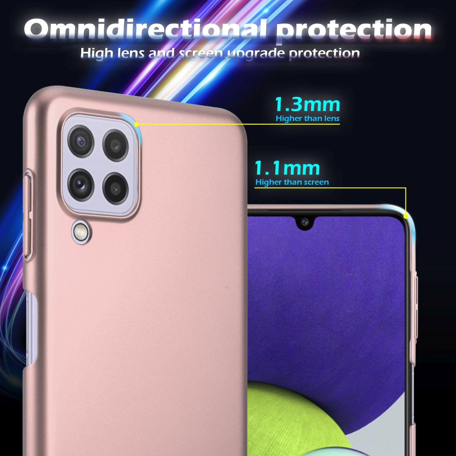 Eine pinke Handyhülle mit drei Kameraausschnitten, schützt das Handy, Details zeigen Linse und Bildschirm.