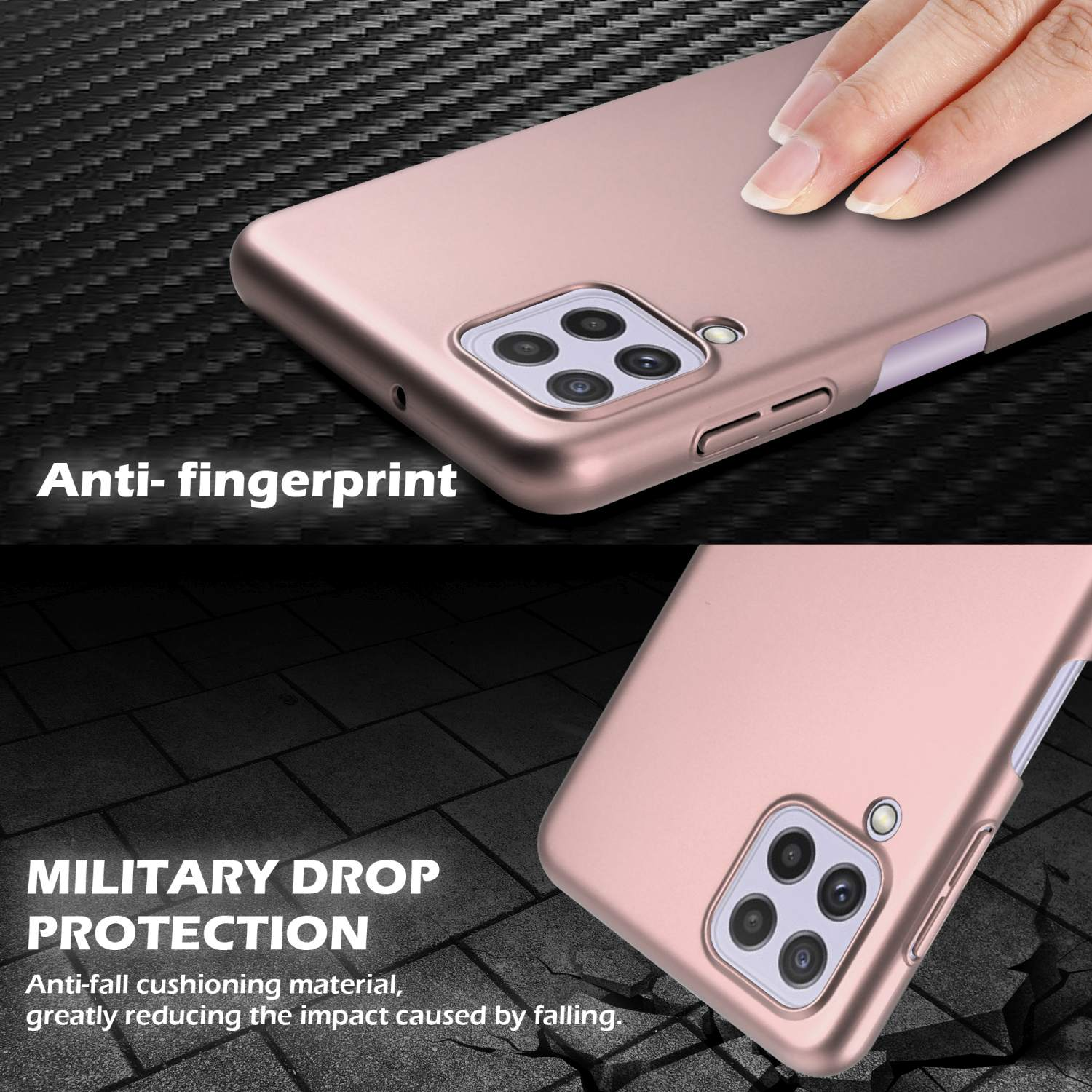 Roségoldenes Telefoncase mit Telefon. Text: Anti-Fingerabdruck und Schutz.